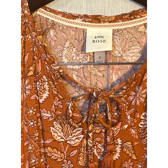 Knox Rose Orange Floral Print Tie Neck Midi Dress Women's Size S Cottage Core - Picture 3 of 6